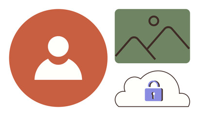Profile icon in red circle, landscape image thumbnail, and locked cloud. Ideal for privacy, data management, security, file sharing, cloud computing, personal identity digital storage themes simple