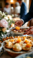 Elegant buffet scene with mini tarts. A catered event with savory pastries and floral decor for an elevated and festive gathering.