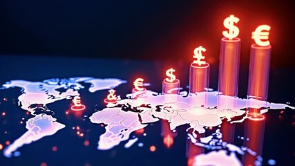 Global financial growth visualization with currency symbols and rising graphs on a world map backdrop