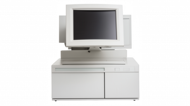 Minimalist computer setup with monitor and keyboard on transparent background