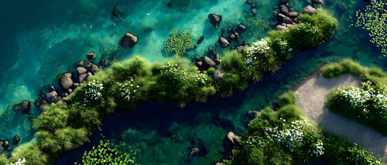 Aerial View of Clear Turquoise Water, Rocky Shore with Green Vegetation and White Flowers - Serene Natural Landscape