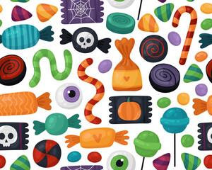 Seamless pattent for Halloween. Different candies, lollipops, caramel, gummy worms, gummy eyeballs on a white background. Trick or treat, Halloween treats, many sweets.