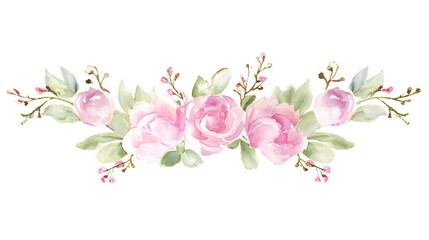 Delicate watercolor floral wreath featuring pink roses, softly illuminated with elegant composition.