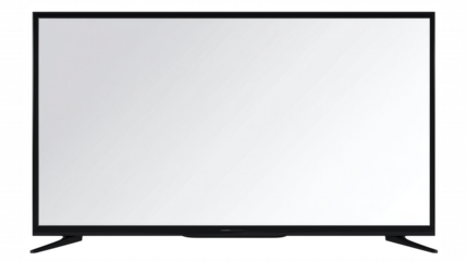 Sleek modern flat-screen television with thin black frame and black stand on transparent background