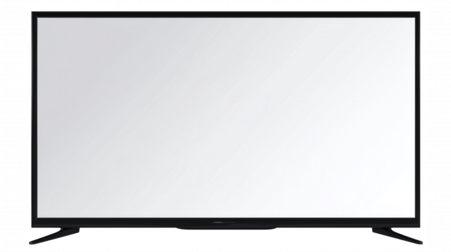 Sleek modern flat-screen television with thin black frame and black stand on transparent background