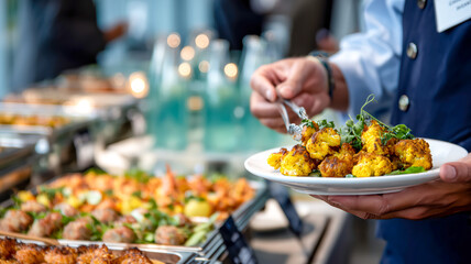 Event catering: person holding a plate of seasoned cauliflower and other dishes on a buffet table. Ready to enjoy!