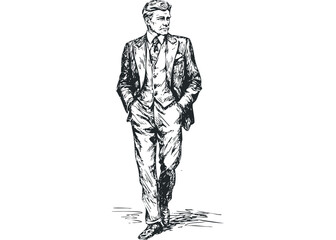 Sketch of a man in a suit with hands in pockets. Vector hand drawn illustration