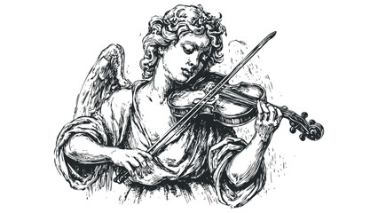 Angel playing violin with transparent background. Vector hand drawn illustration