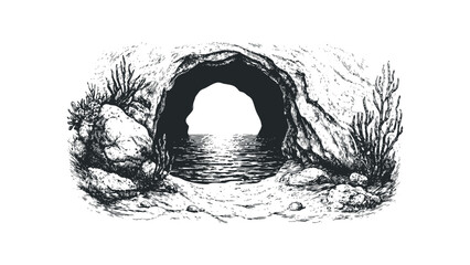 Cave entrance with water and plant life. Vector hand drawn illustration