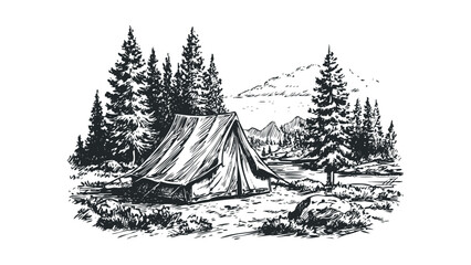 Vintage style tent pitched beside pine trees and mountains. Vector hand drawn illustration
