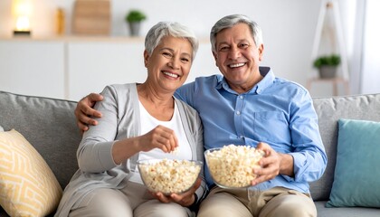 Happy senior couple enjoying popcorn
