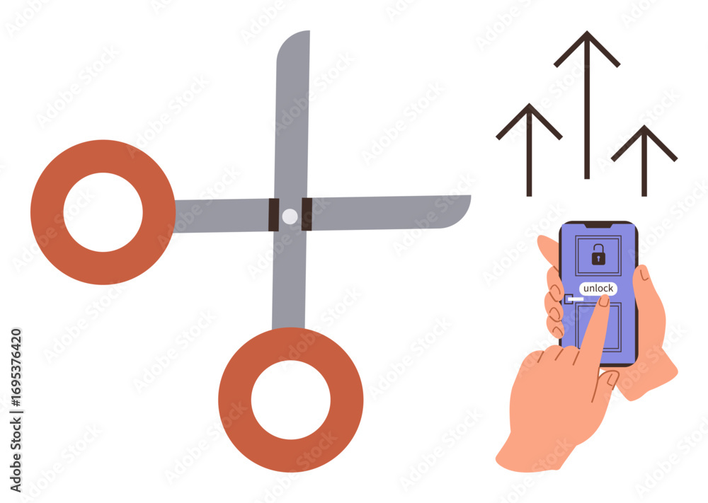 Poster scissors with red handles next to hands unlocking a smartphone upwards arrows for progress, growth, 
