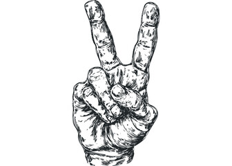 Hand gesture with two fingers raised for victory or peace symbol. Vector hand drawn illustration