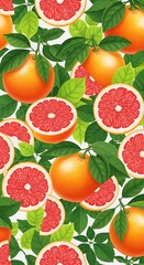 Fresh, vibrant grapefruit slices and whole fruits artfully arranged in a repeating pattern with lush green leaves.