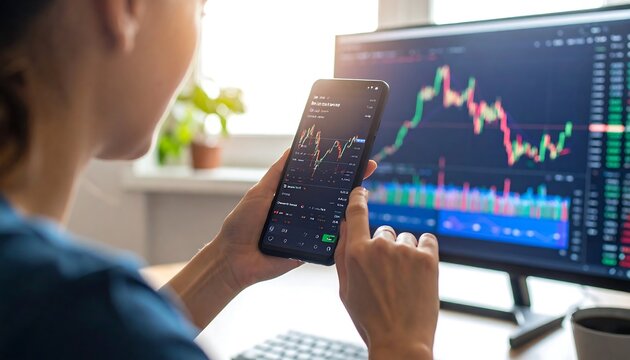 Woman reviewing stock market data on phone and computer - Powered by Adobe