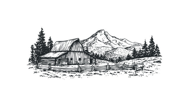 Sketch of rustic barn with wooden fence and pine trees against mountain range. Vector hand drawn illustration