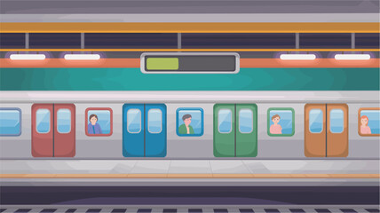 Cartoon Subway Station Platform with Train and Passengers Illustration