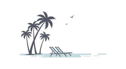 relaxing beach scene with palm trees and lounge chairs