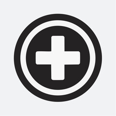 Fototapeta premium Black and white medical cross symbol inside a circle on a light grey background, representing healthcare and assistance