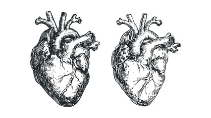Two vintage anatomical human heart sketches on transparent background. Vector hand drawn illustration