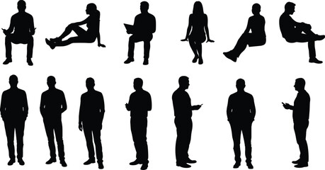 Silhouette of people sitting and standing, business professionals in casual poses, office staff collection, men and women vector illustration
