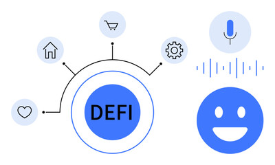 Circular diagram labeled DEFI with connected lifestyle icons including shopping cart, house, gear, voice recognition, heart, alongside happy face and sound wave. Ideal for tech, finance, lifestyle