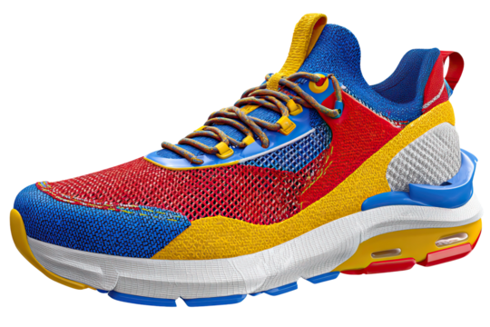 Dynamic angled colorful running shoe with lightweight design on transparent background