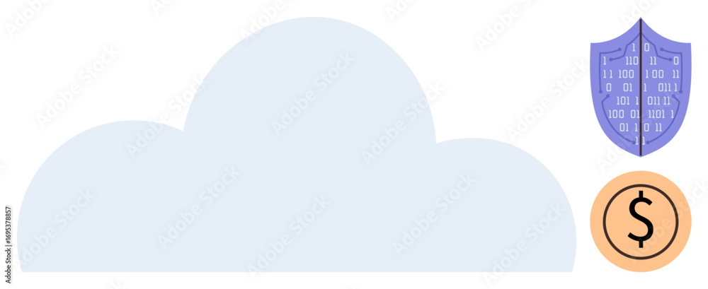 Poster cloud at center representing storage with shield symbolizing cybersecurity and coin for finance. ide