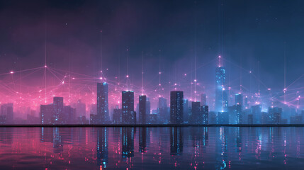A futuristic city skyline illuminated by glowing pink and blue network connections, showcasing digital communication and technology systems