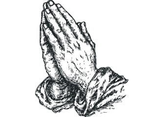 Sketch of Praying Hands Clasped in Reverence on Transparent Background. Vector hand drawn illustration