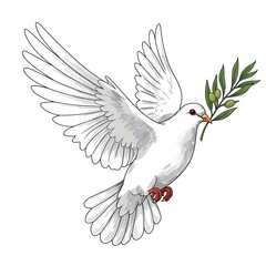 Obraz premium A pristine white dove ascends, wings outstretched, carrying an olive branch in its beak peacefully.