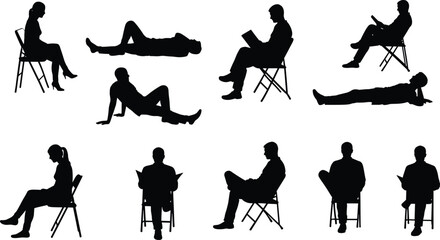 Silhouette people sitting, reading, relaxing, lying down, male and female figures, business meeting, therapy session, communication, teamwork, posture illustration © Montaha Creatives