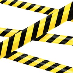 Diagonal arrangement of caution tape strips with bold yellow and black stripes against white space