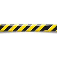 A bright yellow and black striped hazard warning tape extends horizontally across a white surface