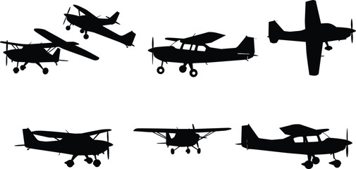 Silhouettes of small airplanes with propellers, aviation aircraft in different views, light planes for flying, travel, transportation, pilot training design