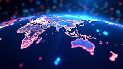 Vibrant digital globe showcasing continents with glowing borders and colorful bokeh background - Powered by Adobe