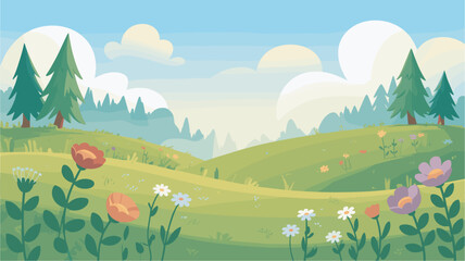 Naklejka premium Spring Meadow Landscape with Flowers and Trees Vector Illustration