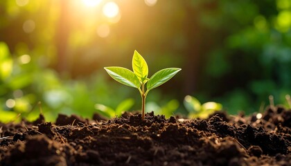 Young sprout growing in soil with a beautiful sunlit natural background.
