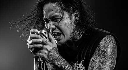 Asian Intense Metal Singer Performance on the concert stage, Black and white style image