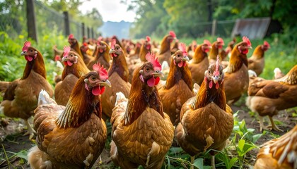 A large flock of brown chickens foraging in a grassy field.