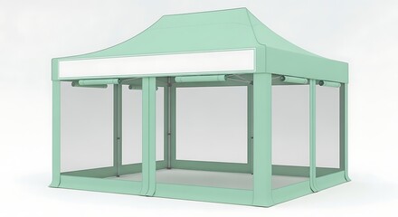 Light Mint Green Pop-Up Canopy Tent with White Banner, Isolated on White Background.
