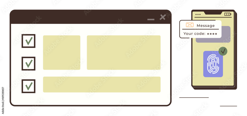 Poster browser window with checklist alongside smartphone displaying fingerprint scanner and verification c