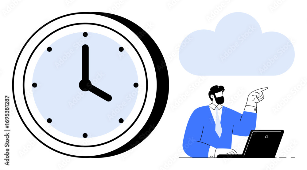 Poster man at laptop gestures towards cloud next to large clock. ideal for time management, productivity, r