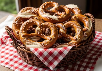 A wicker basket overflowing with golden-brown pretzel bread, studded with tiny seeds, rests on a red and white checkered tablecloth.