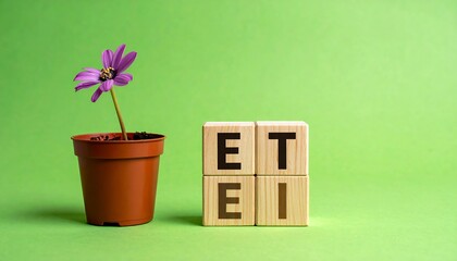 Wooden blocks with letters and a flower pot