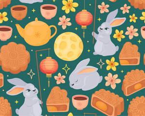 Seamless pattent for mid-autumn festival. Cute rabbits, lanterns, moon, mooncakes, flowers and teapot on green background. Happy mid-autumn moon festival.