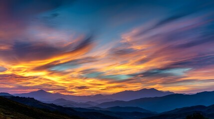 A breathtaking panorama captures a fiery sunset over a majestic mountain range, showcasing vibrant colors and dramatic cloudscapes.