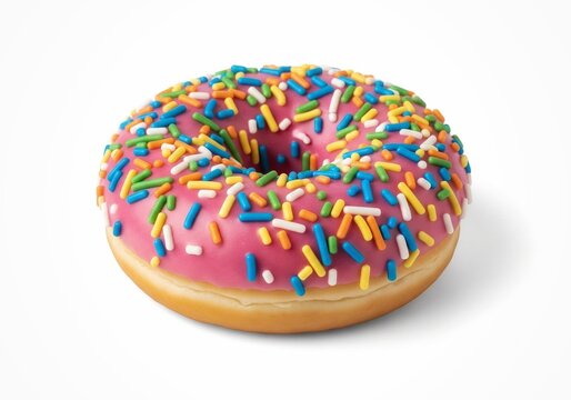 Pink donut with sprinkles isolated on white background, clean commercial stock photo.