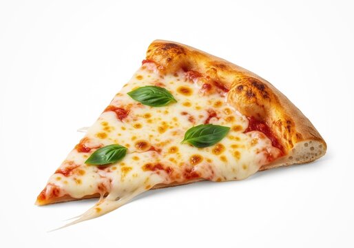 Pizza slice with cheese isolated on white background, clean commercial stock photo.