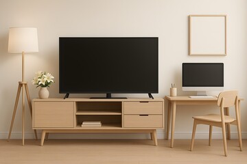 Living room media space interior, modern furniture with TV and computer, warm wood-toned stylish home office